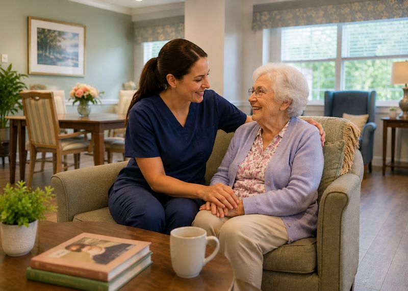 Caring staff with resident at The Waters of Hobart